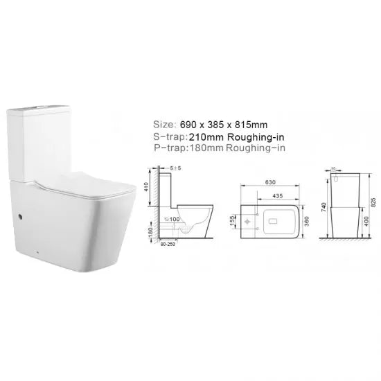 Rimless Two-piece White Color Toilets with Soft Closed Toilets Seat Cover with P/S Trap